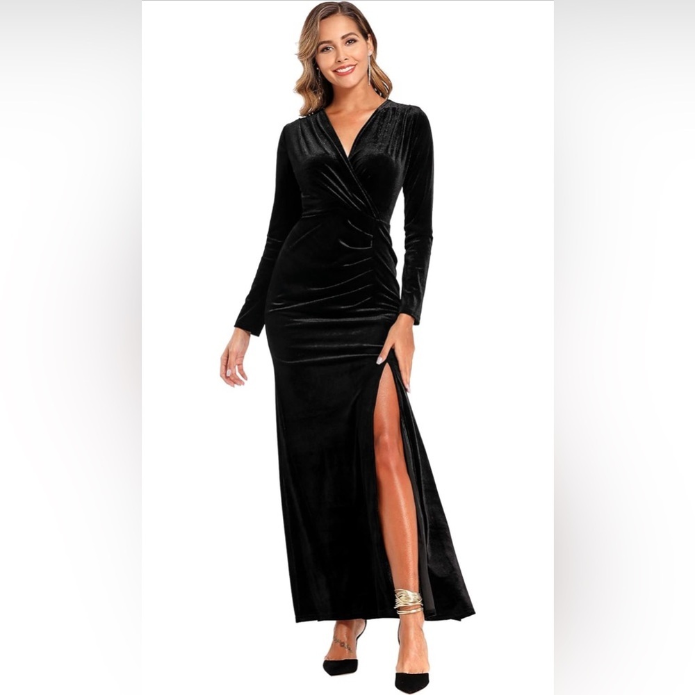 Ababalaya Long Sleeve Wrap Velvet Long Formal Dresses Cocktail Dress